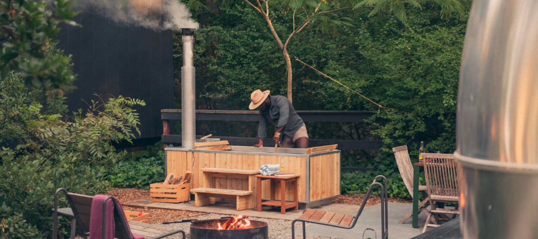 AutoCamp Sonoma redwood suite exterior view with hot tub