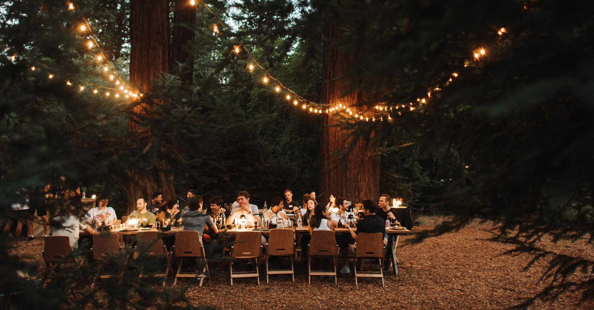 AutoCamp Sonoma - Group dining outdoors at night with lights in the Redwood Grove