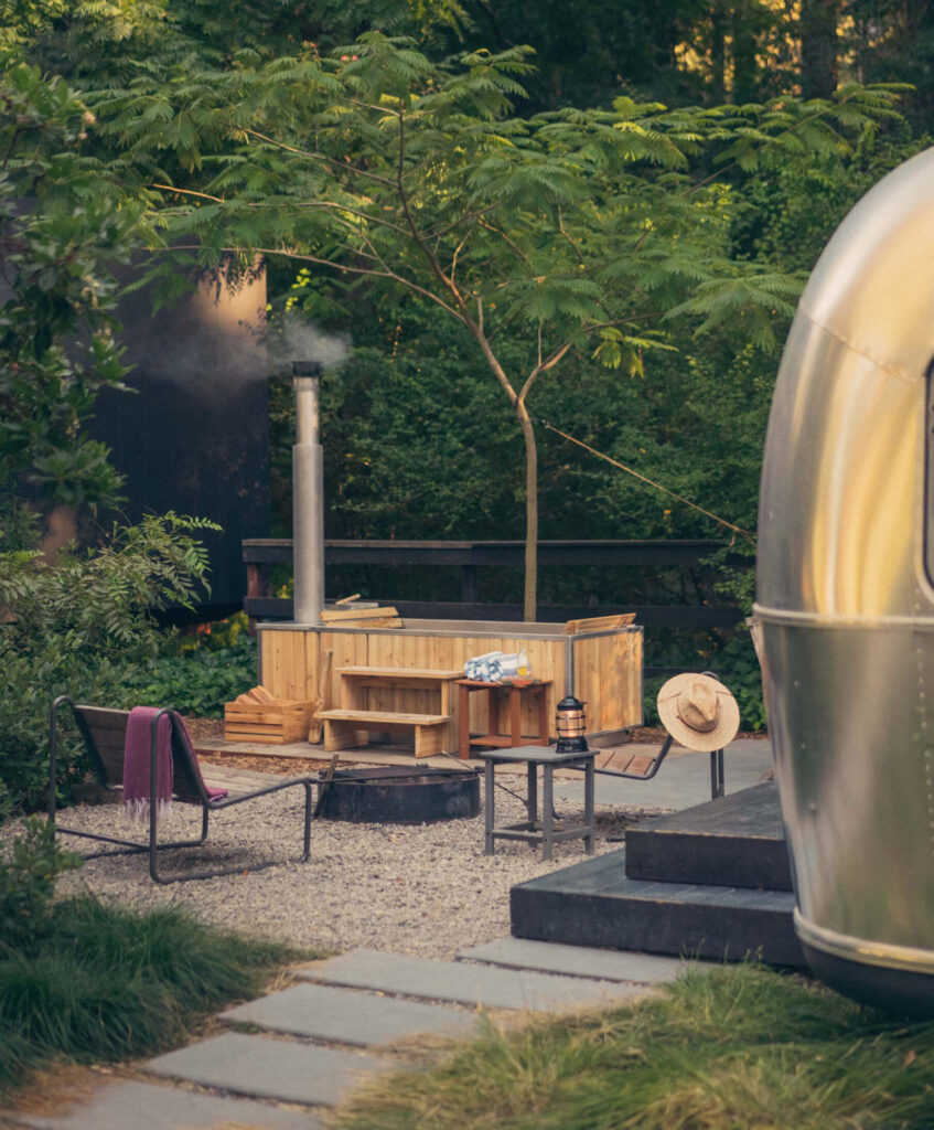 Redwood suite with wood fired hot tub at AutoCamp Sonoma 