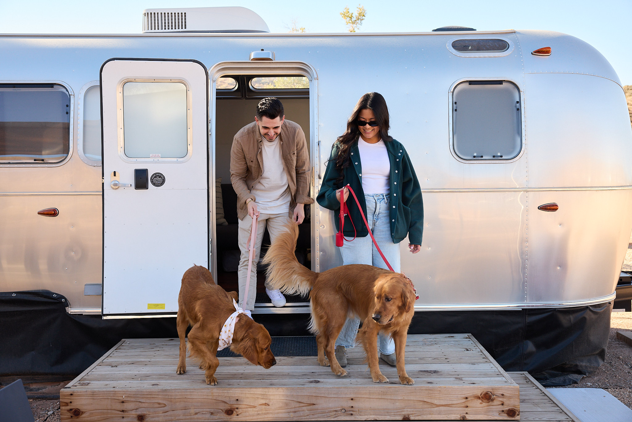 Couple outside of Airstream with two dogs
