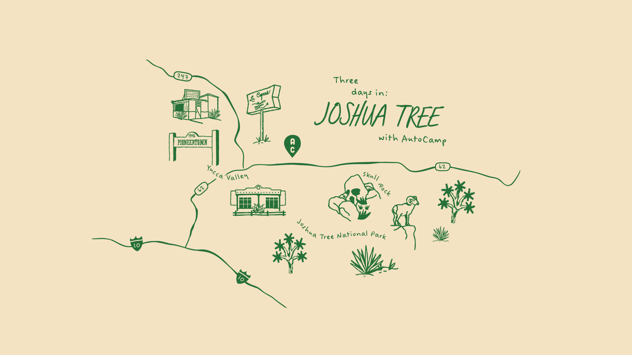 Illustrated map featuring a 3 Day Itinerary at AutoCamp Joshua Tree
