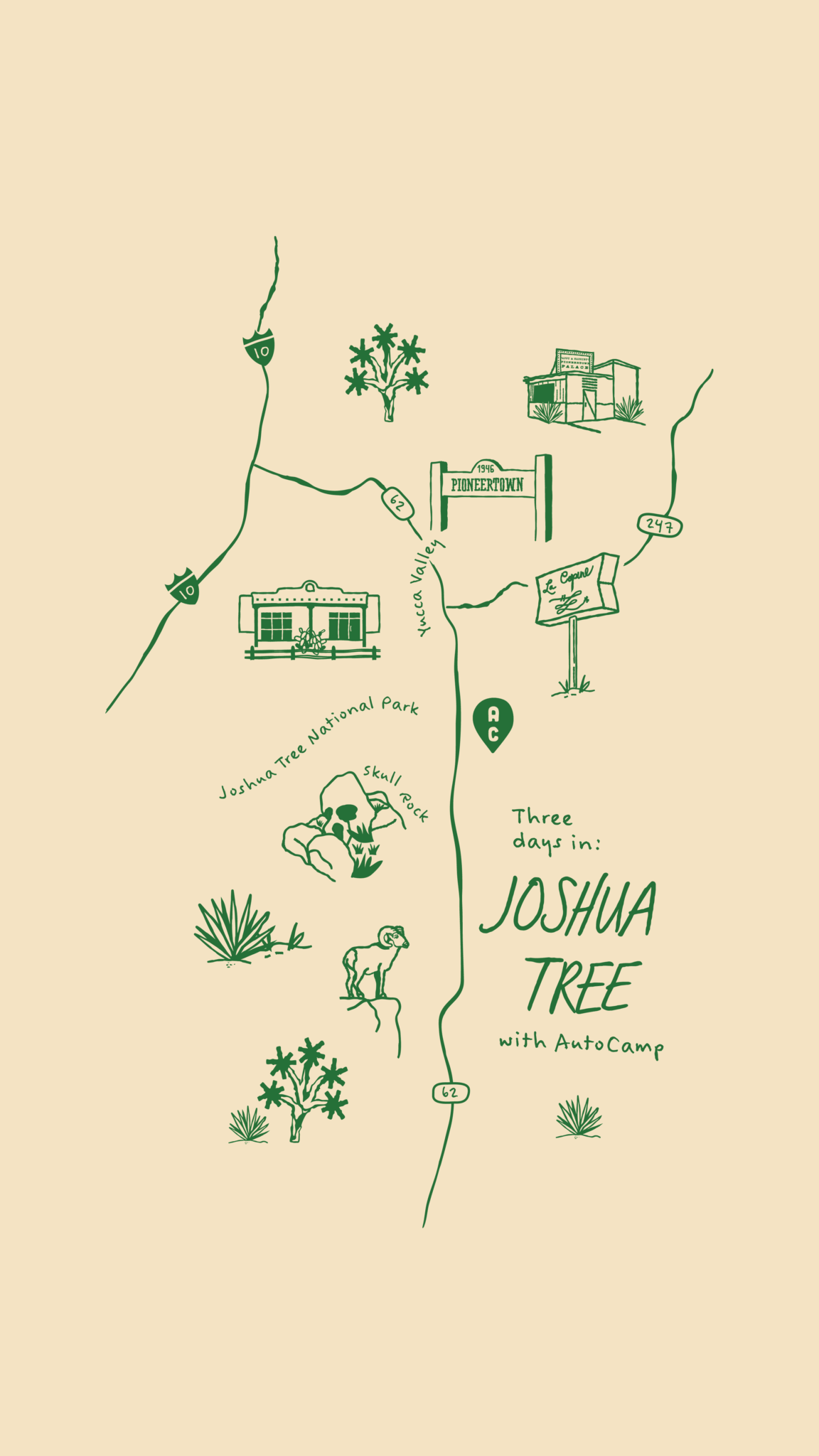 Illustrated map featuring a 3 Day Itinerary at AutoCamp Joshua Tree