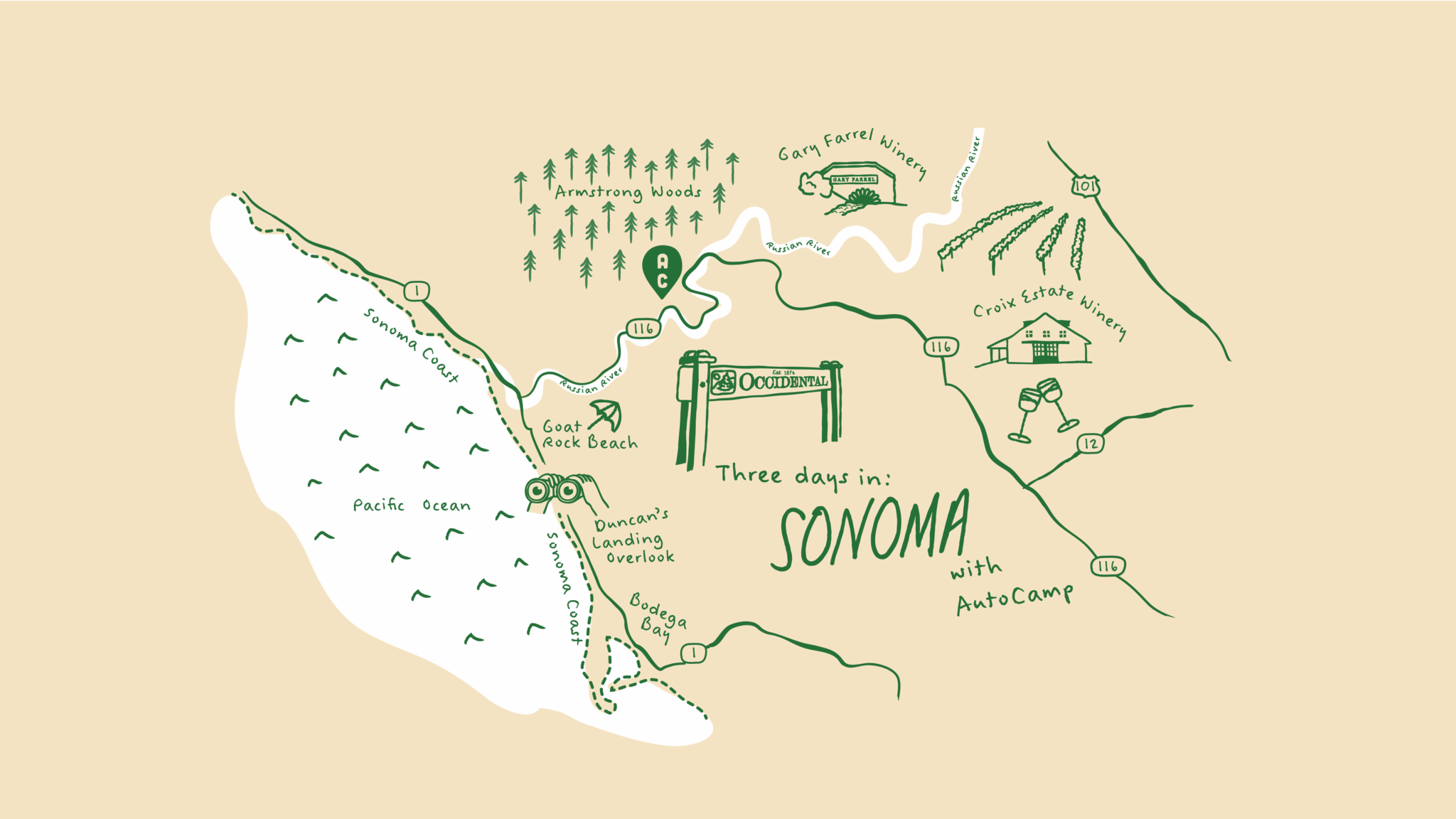 Illustrated map featuring a 3 Day Itinerary at AutoCamp Sonoma