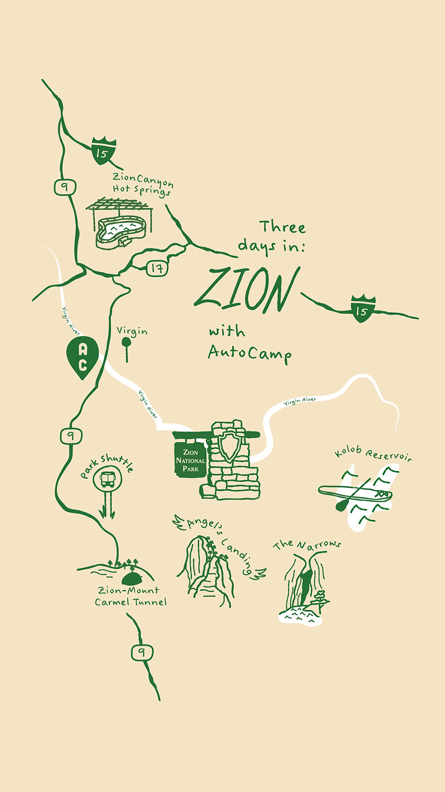 Illustrated map featuring a 3 Day Itinerary at AutoCamp Zion