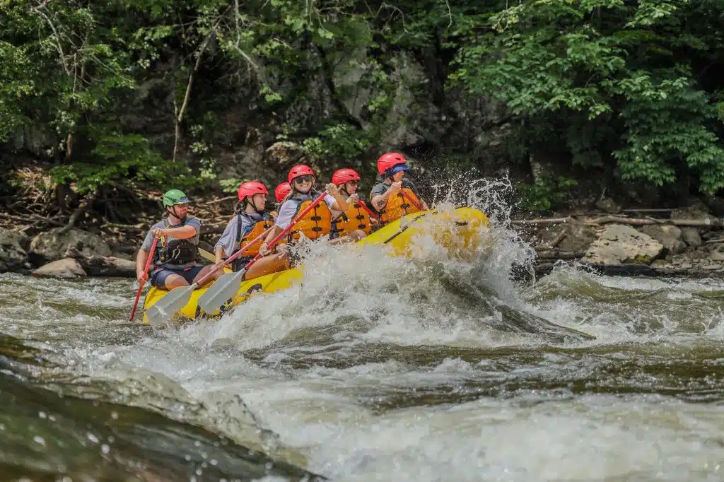 group white water rafting on French Broad River with smiles