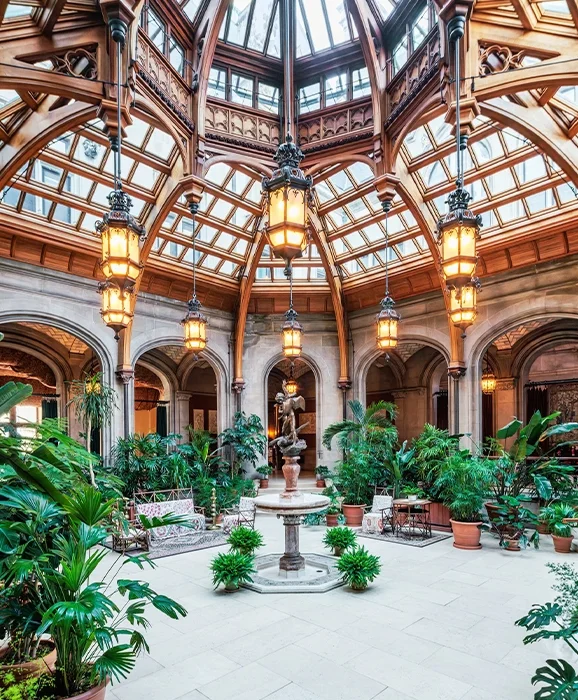 Biltmore Estate winter garden interiors with windows and fountain