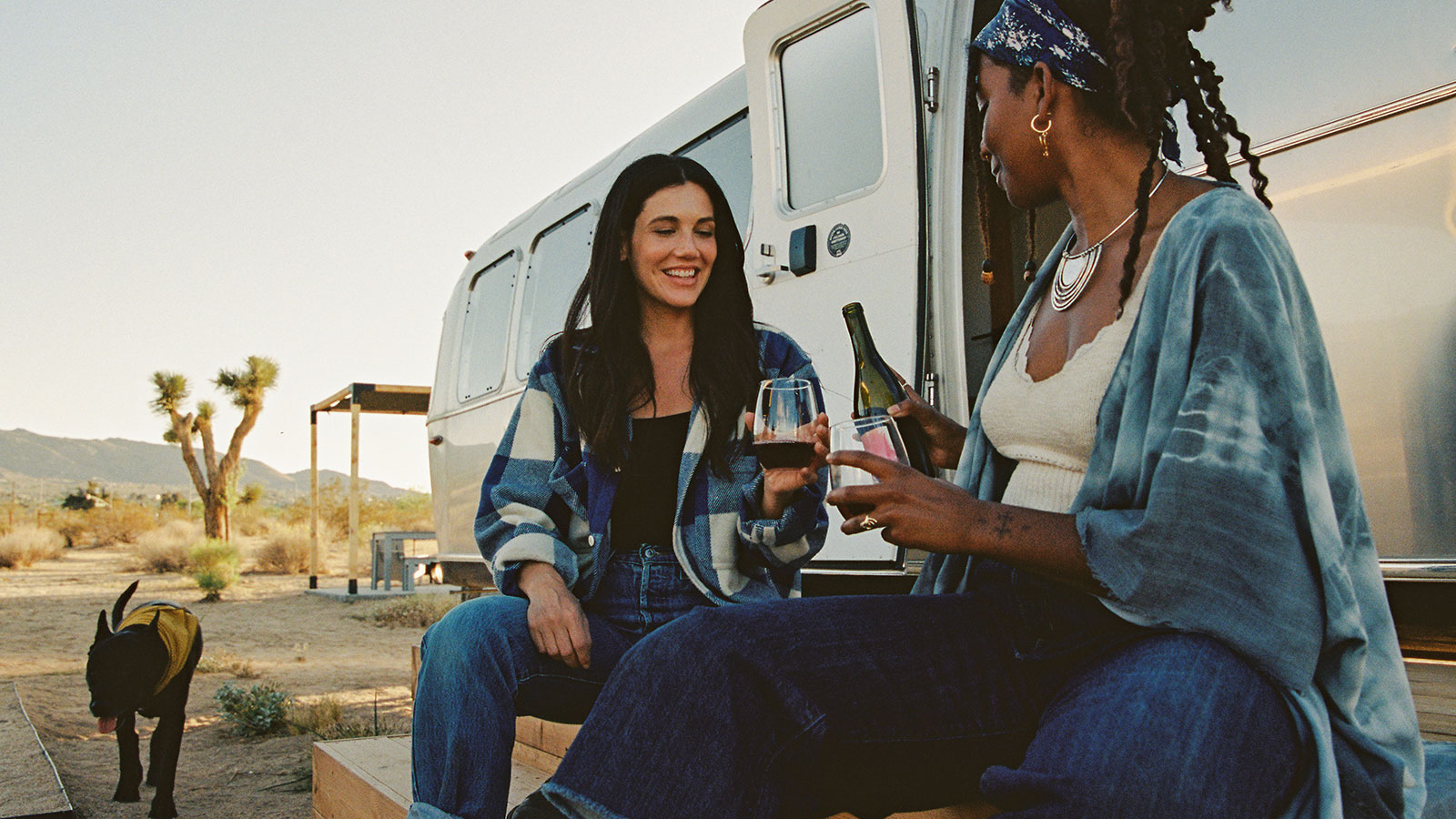 Friends having wine with their dog in front of an Airstream in the desert